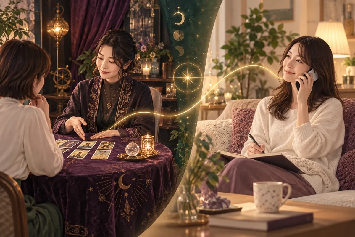 店舗での対面占いと自宅での電話占いを比較するイメージ