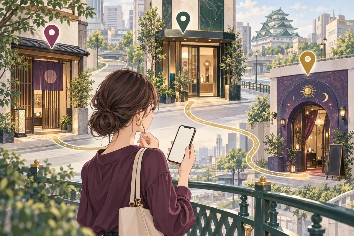 名古屋の3つの千里眼店舗から行き先を確認するイメージ