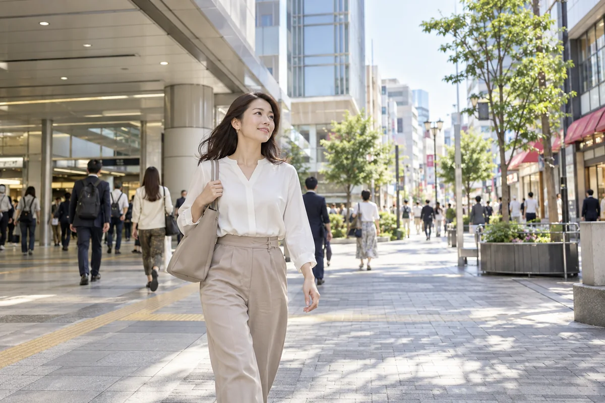 大宮駅東口から近くの店舗へ歩いて向かう女性