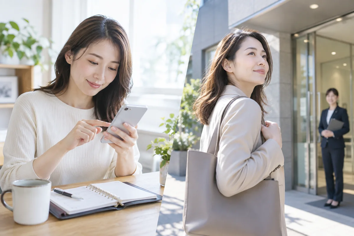 スマートフォンと手帳で鑑定日時を決める女性