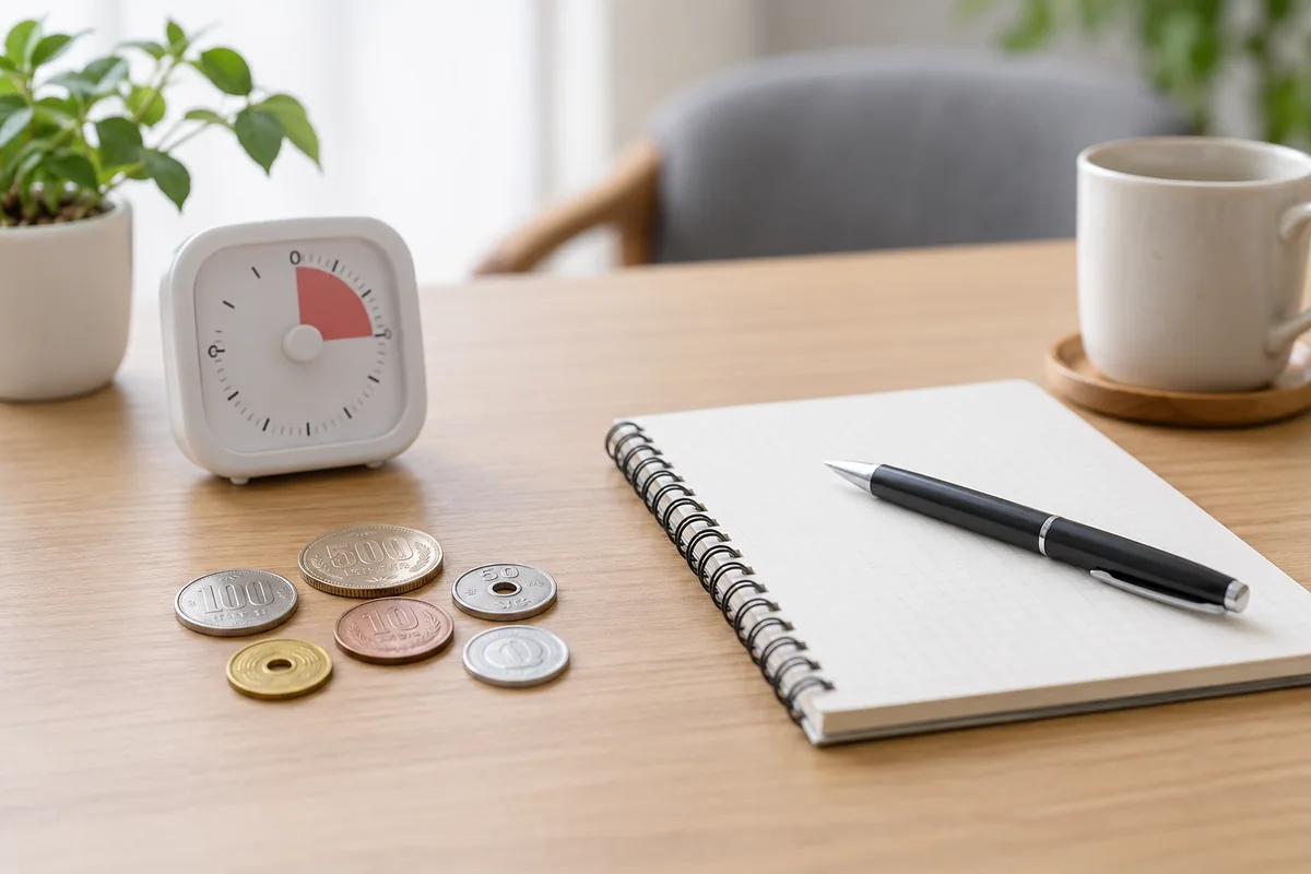 鑑定前に時間と予算を確認するための時計と硬貨