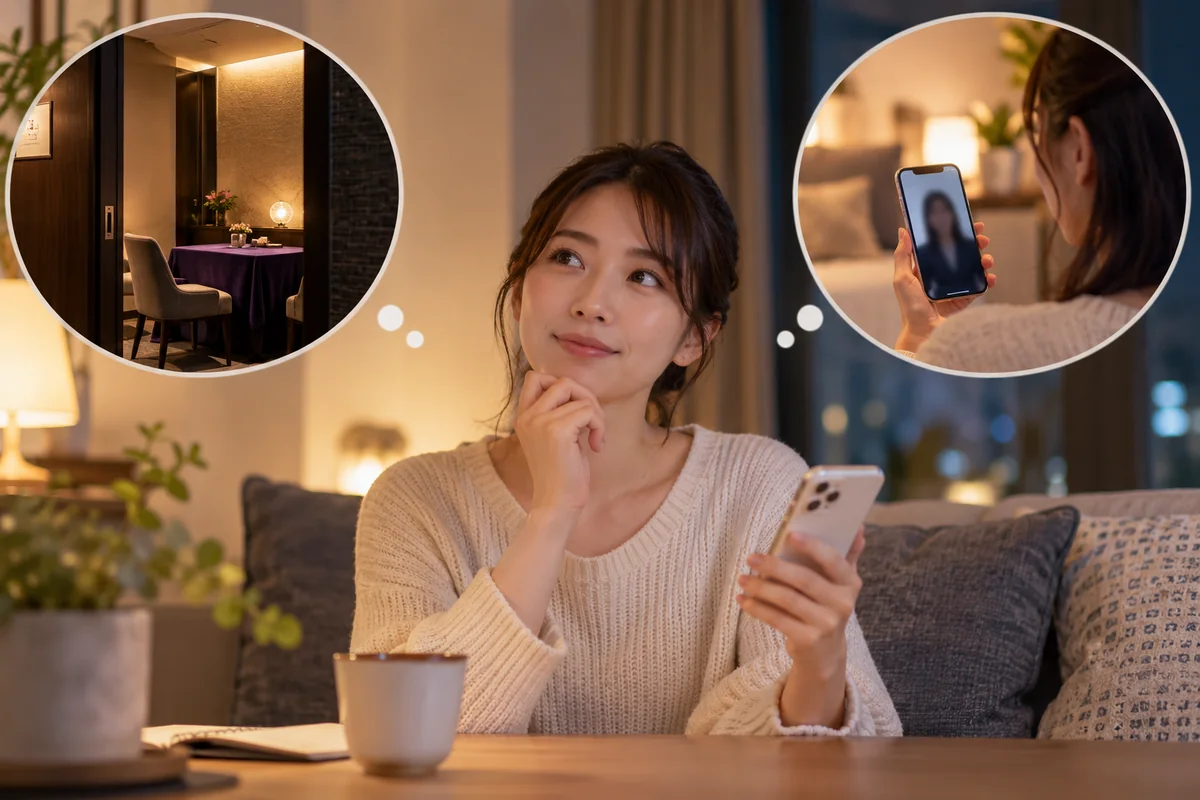 店舗での対面鑑定と自宅からの電話相談を比較する女性