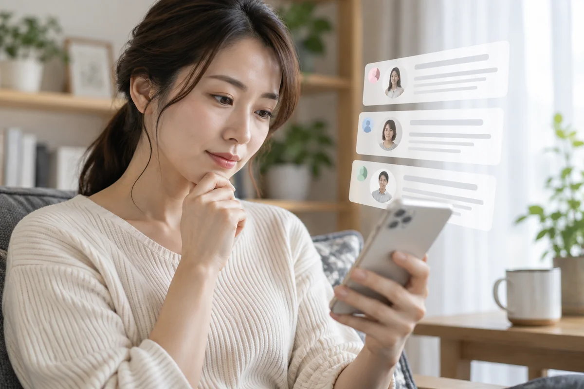 スマートフォンで複数の口コミを慎重に見比べる女性