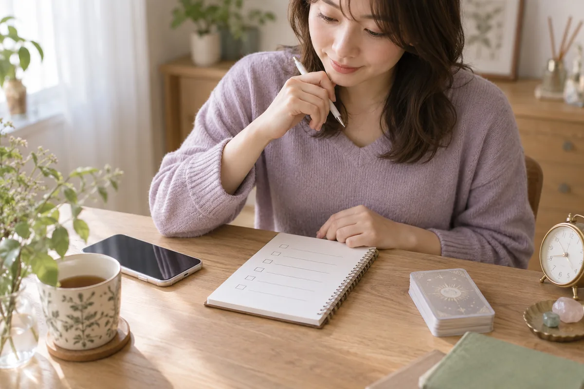 初回鑑定の質問と注意点をチェックする女性
