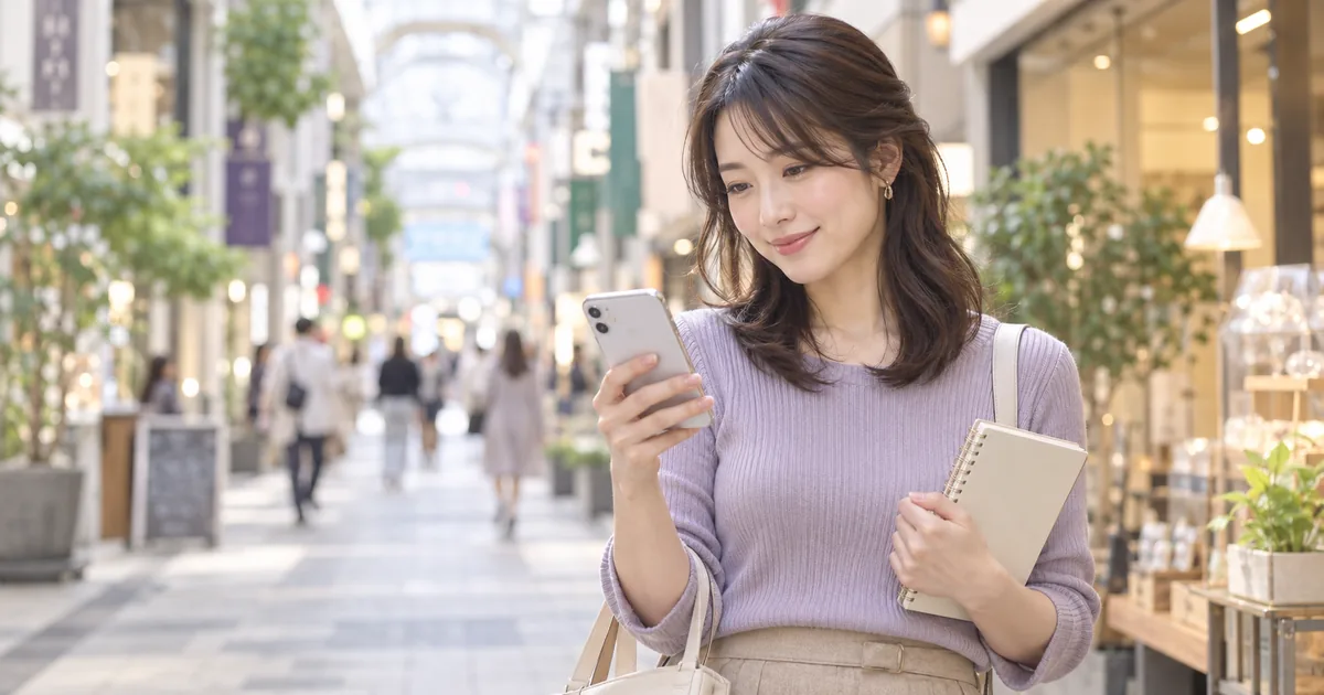 高松の商店街で口コミと予約を確認する女性
