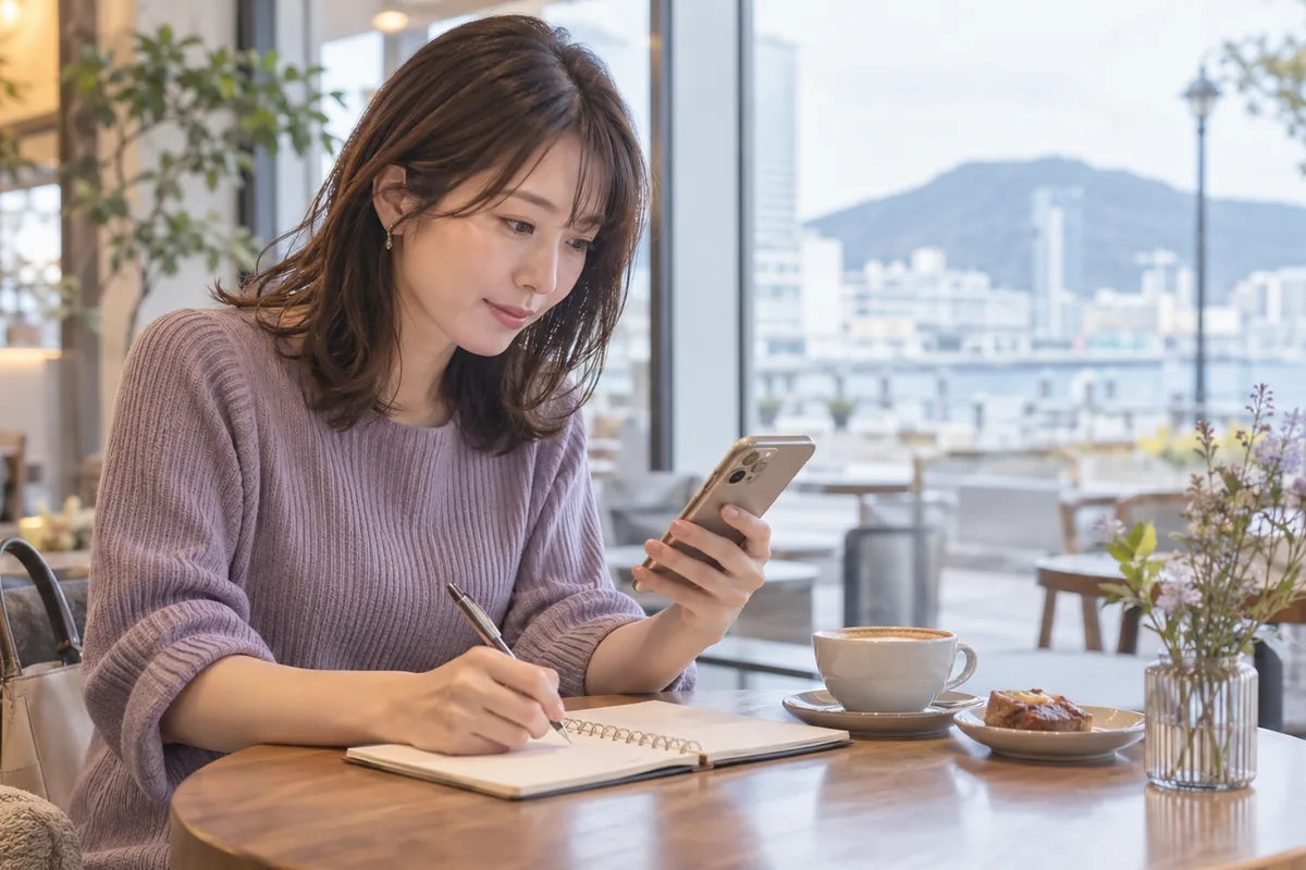 口コミと公式情報を見比べてメモする女性