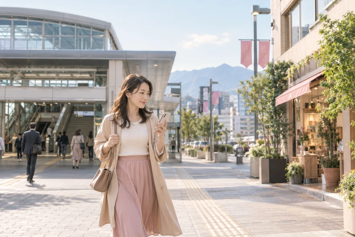 駅前でスマートフォンの地図を確認する女性
