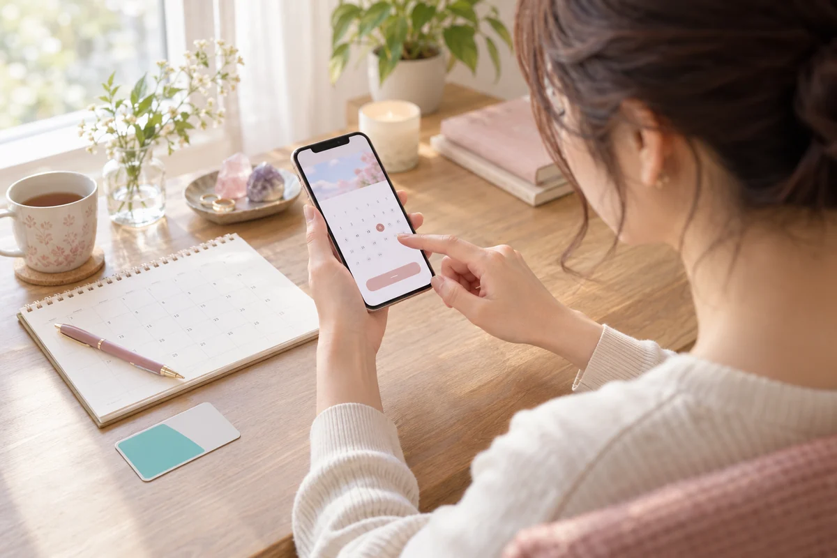 スマートフォンで占いの予約日を選ぶ女性