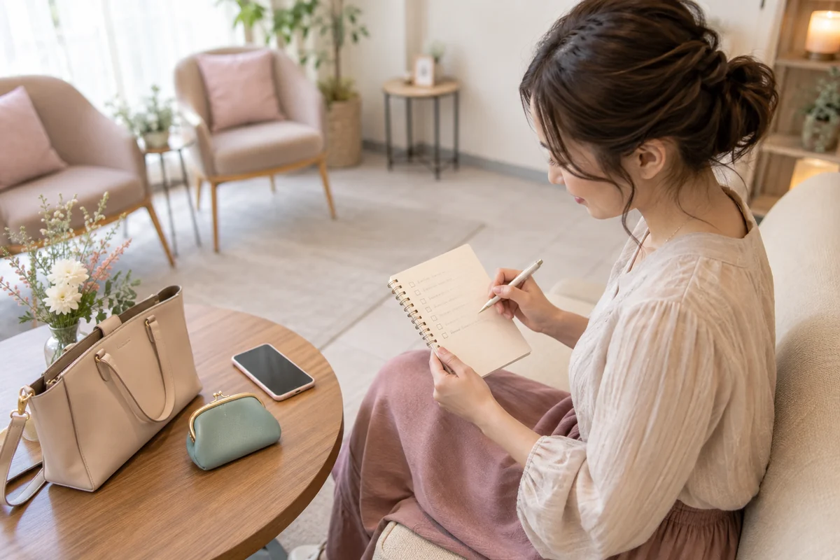 初めての占い前に持ち物を確認する女性