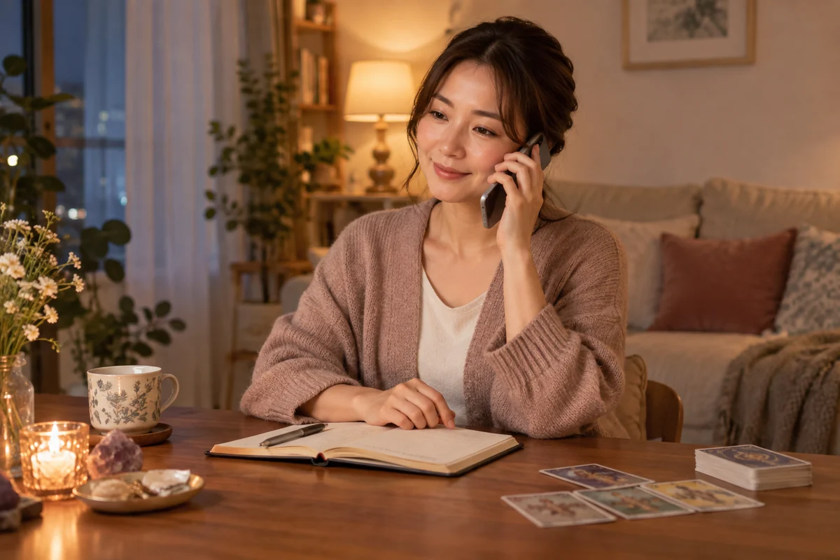 自宅でノートを開きながら電話占いを利用する女性