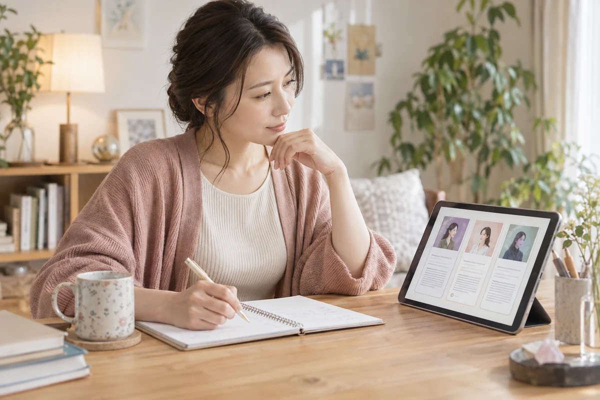 タブレットの占い師情報を比較しながらメモを取る女性