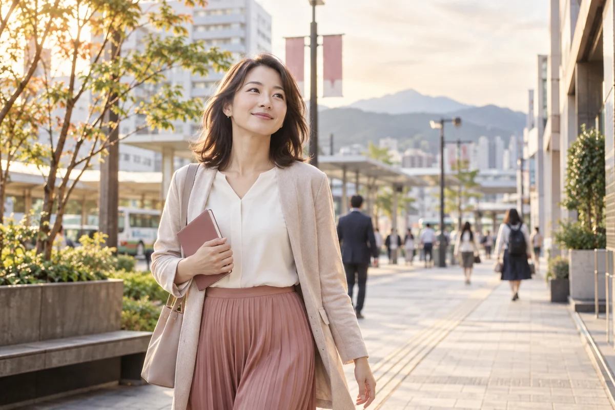 占い相談後に駅前を穏やかに歩く女性