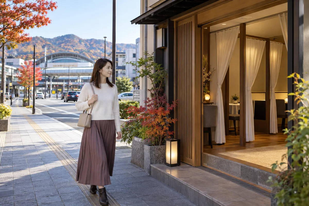 山形駅周辺から占い相談の場所へ向かう女性