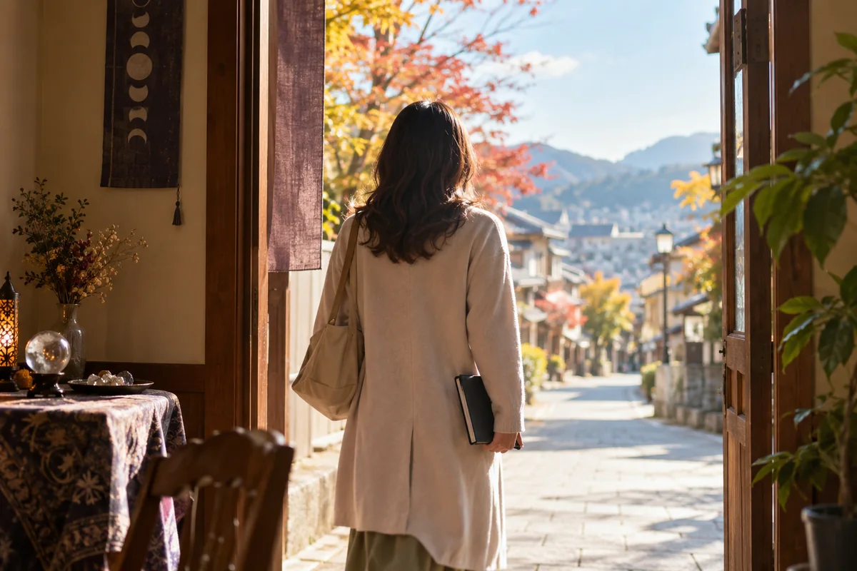 占い相談を終えて気持ちを整理し街へ歩き出す女性