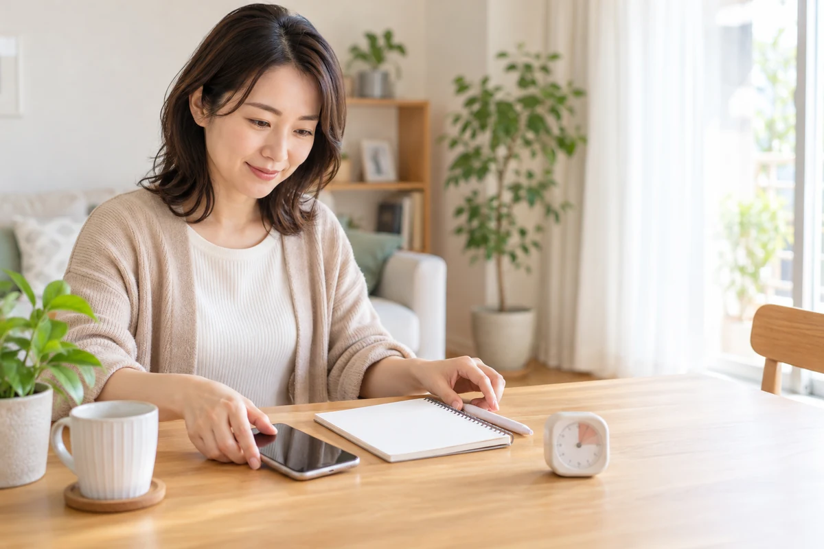 Shams先生への電話相談前に質問と時間と予算を整理する女性のイメージ