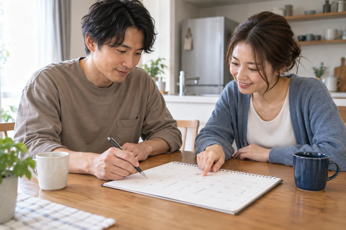カレンダーを見ながら家事や予定を分担する男女