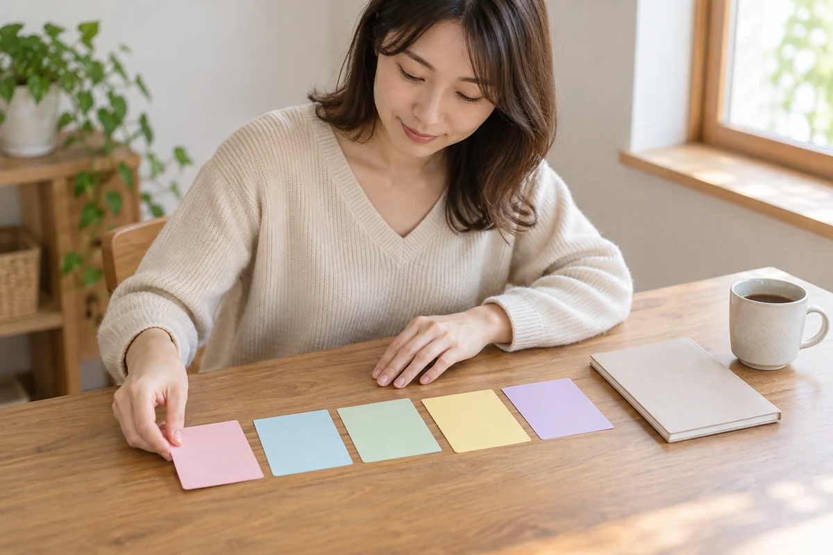 島根の探偵相談前に五つの疑問をカードへ整理する成人女性のイメージ