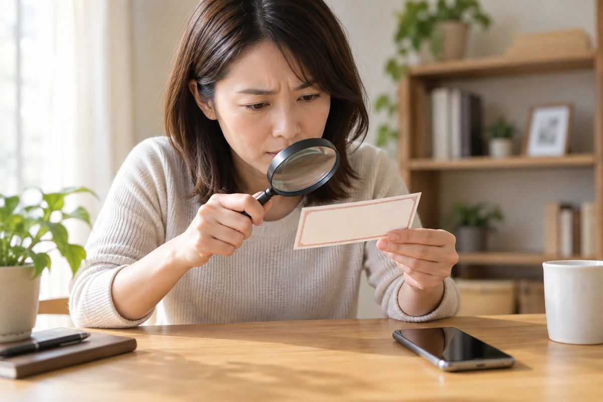 電話占いの初回特典に小さく記された条件を確認する成人女性のイメージ