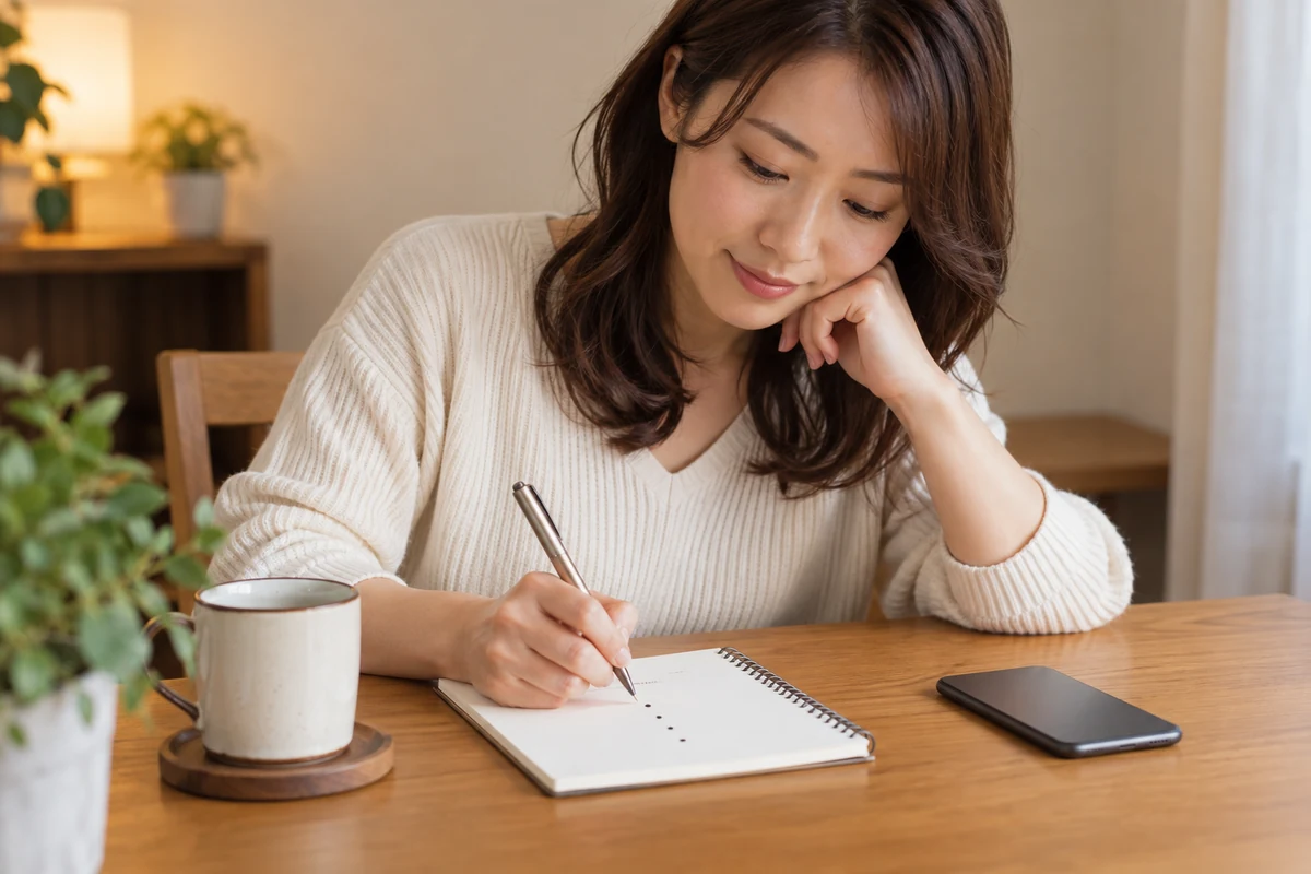 新規の電話占いを選ぶ前の疑問をノートに整理する成人女性のイメージ