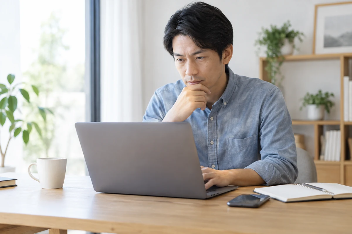 電話占いの運営会社情報と利用規約をパソコンで確認する成人のイメージ