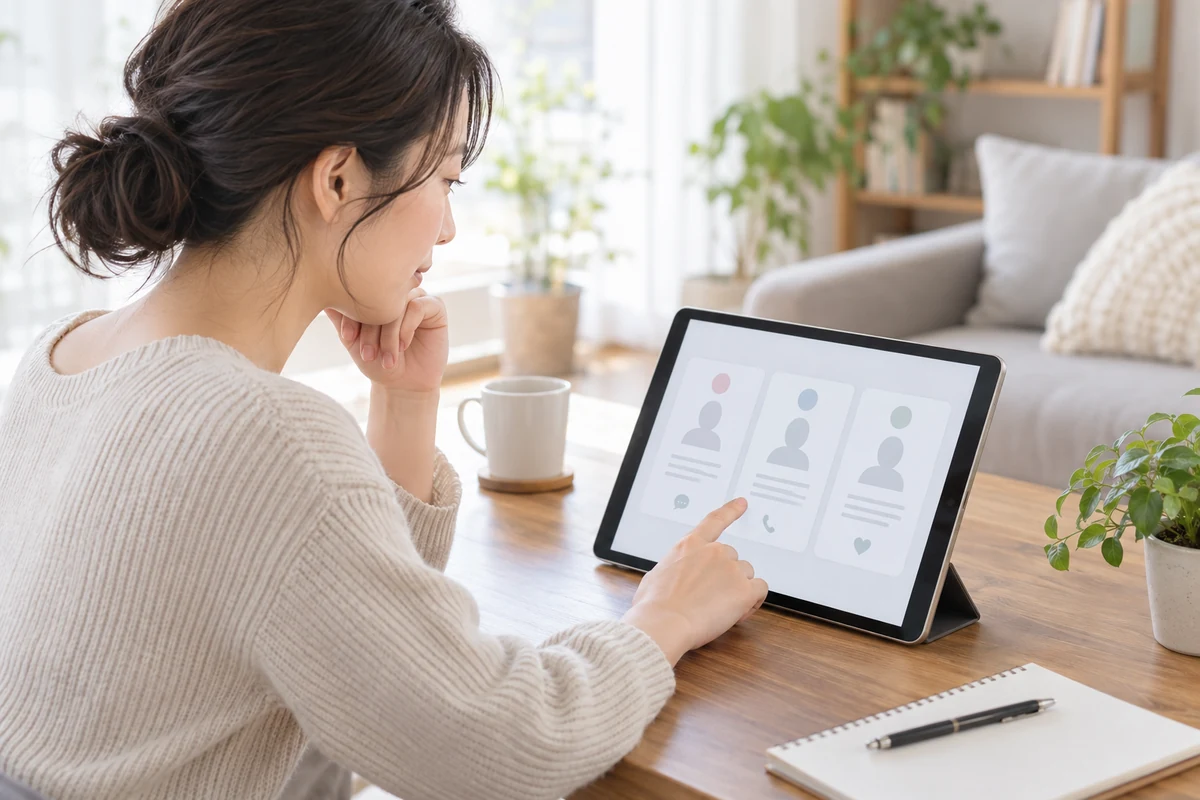 電話占い師のプロフィールを得意分野と話し方で比較する成人女性のイメージ