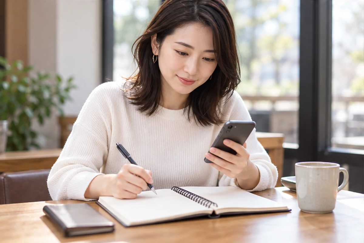スマートフォンで新大久保の占い予約を確認する女性