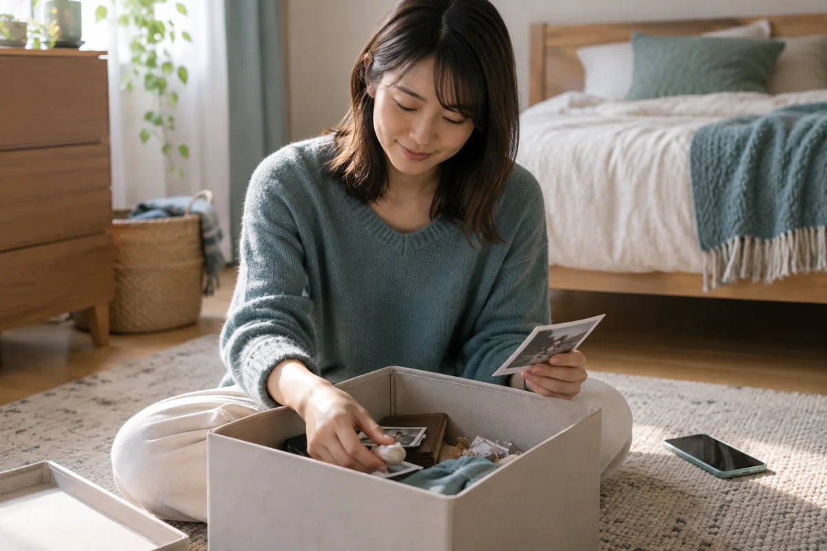 写真と思い出の品を収納箱へ移す女性
