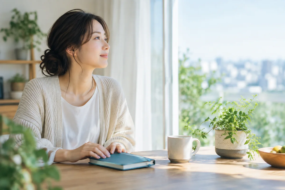 自分の予定を書いた手帳を閉じ前を向く女性