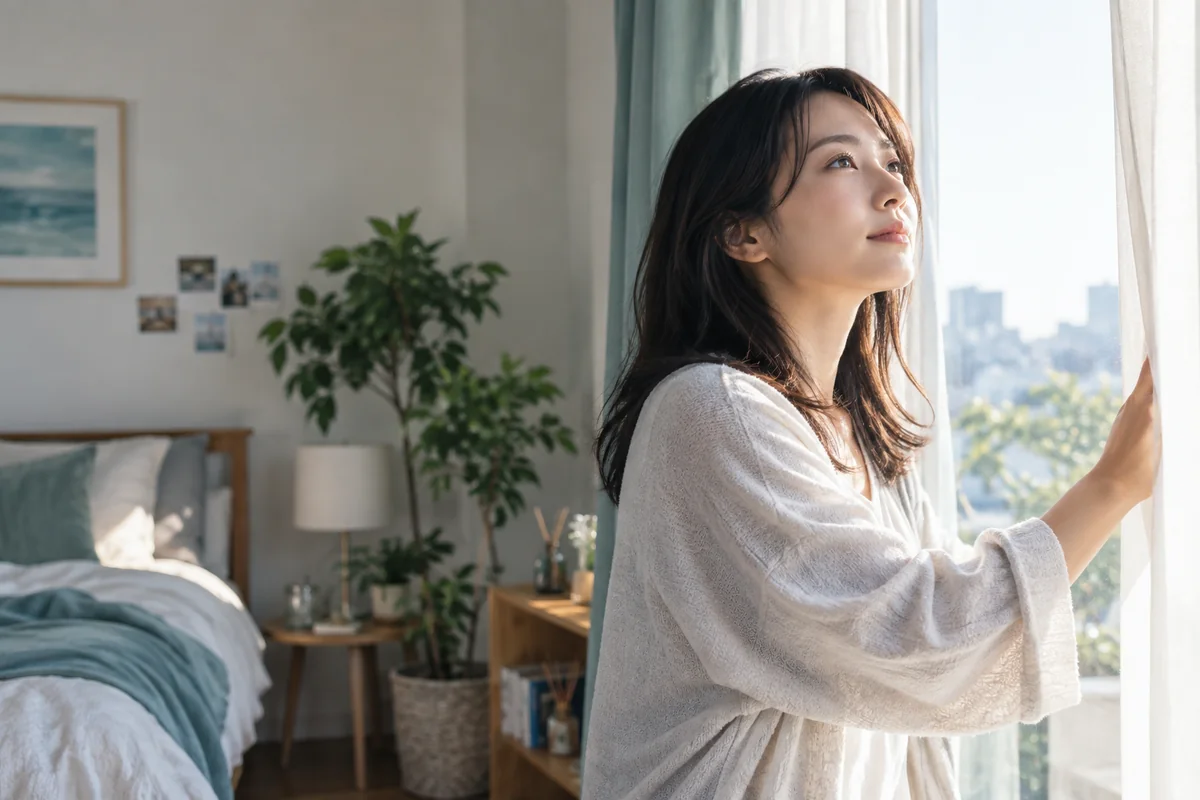 失恋後の朝にカーテンを開けて新しい一日を始める女性