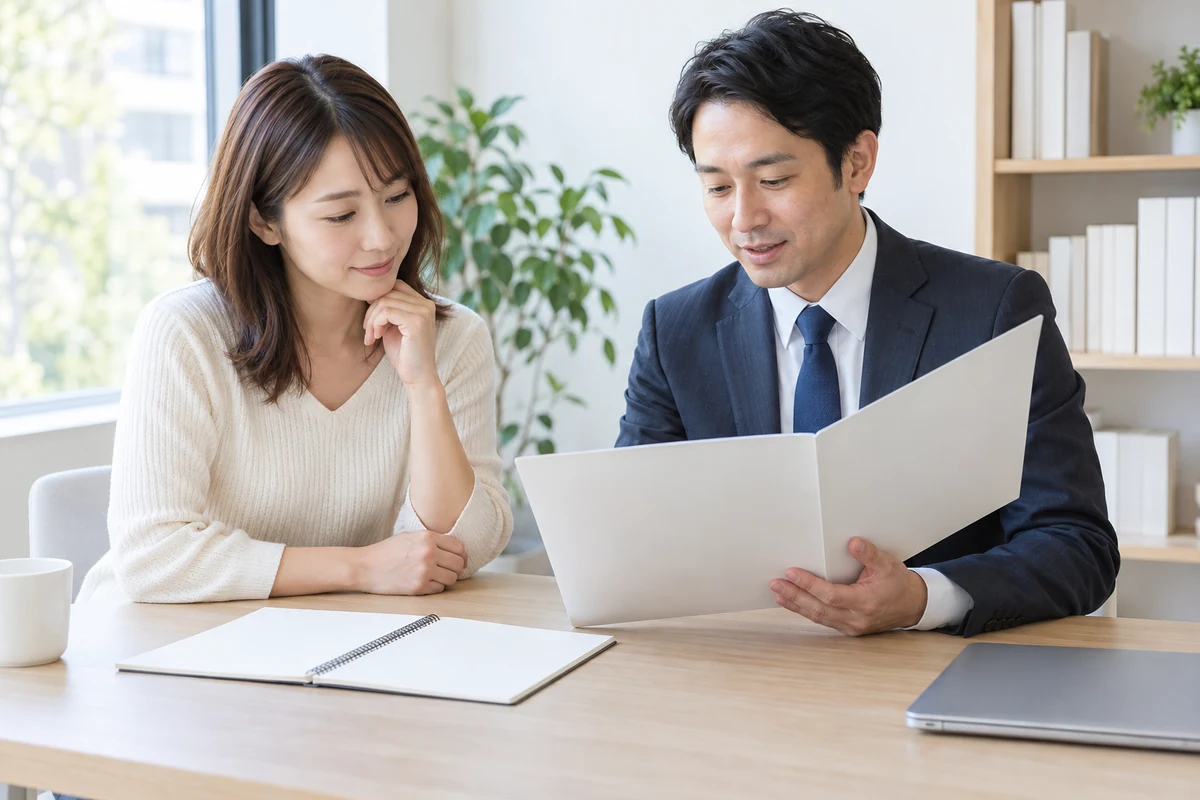白紙の調査報告書見本と法律相談用メモを確認する成人二人のイメージ