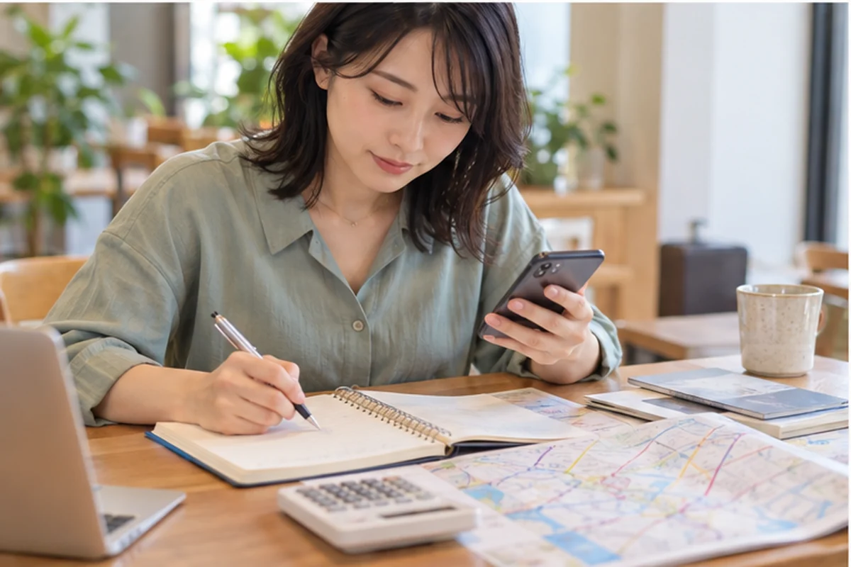 スマートフォンで静岡の占い予約を確認する女性
