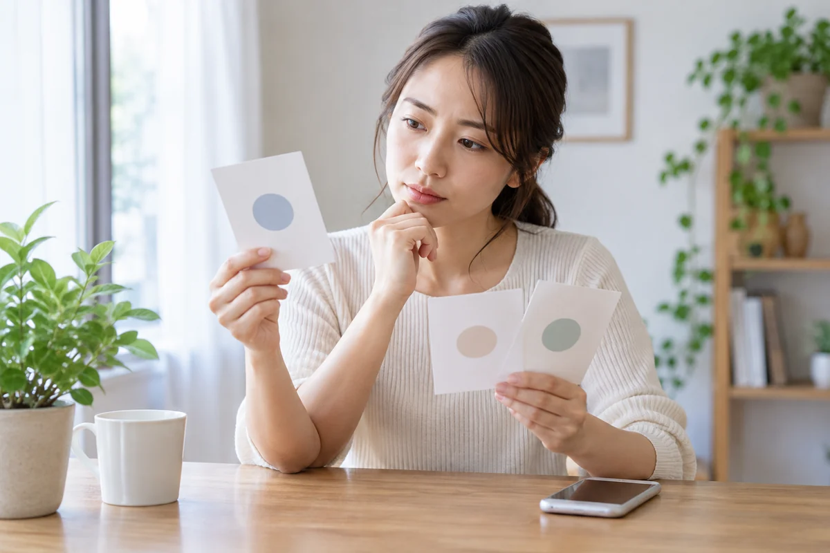 複数の無記名口コミカードを比較する女性のイメージ