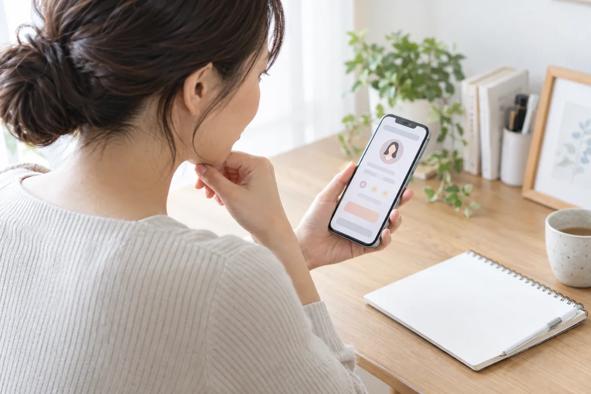スマートフォンで空遥先生のプロフィールと料金を確認する女性のイメージ