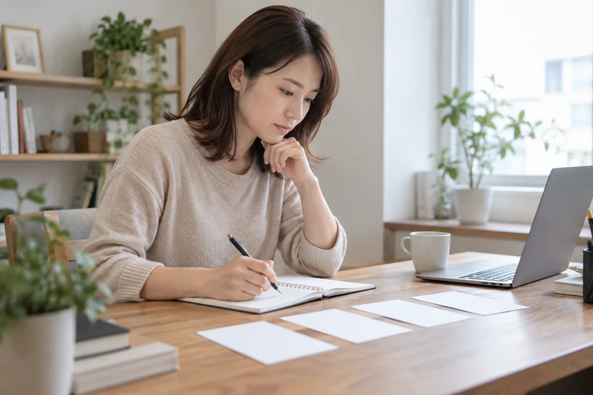 複数の口コミカードを比較しながら要点をメモする女性のイメージ
