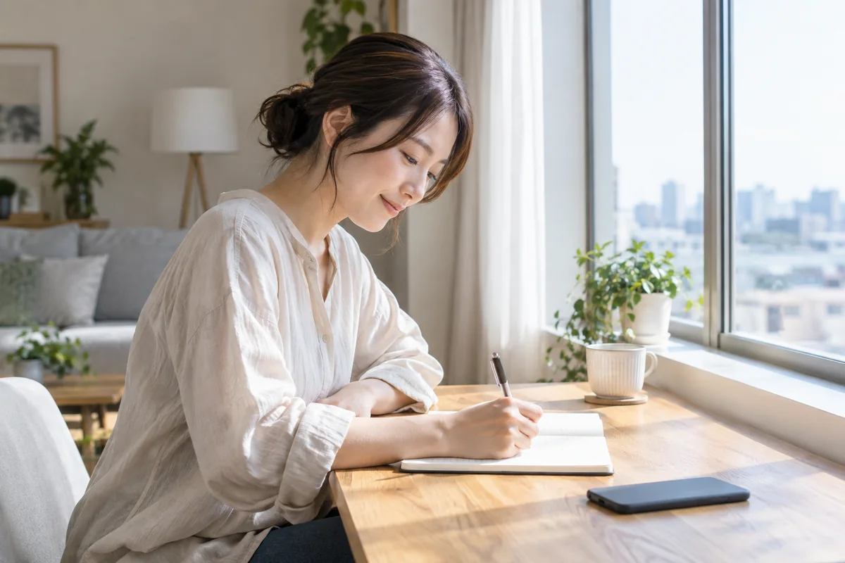 相談後に自分で選ぶ次の一歩をノートへ書く女性のイメージ