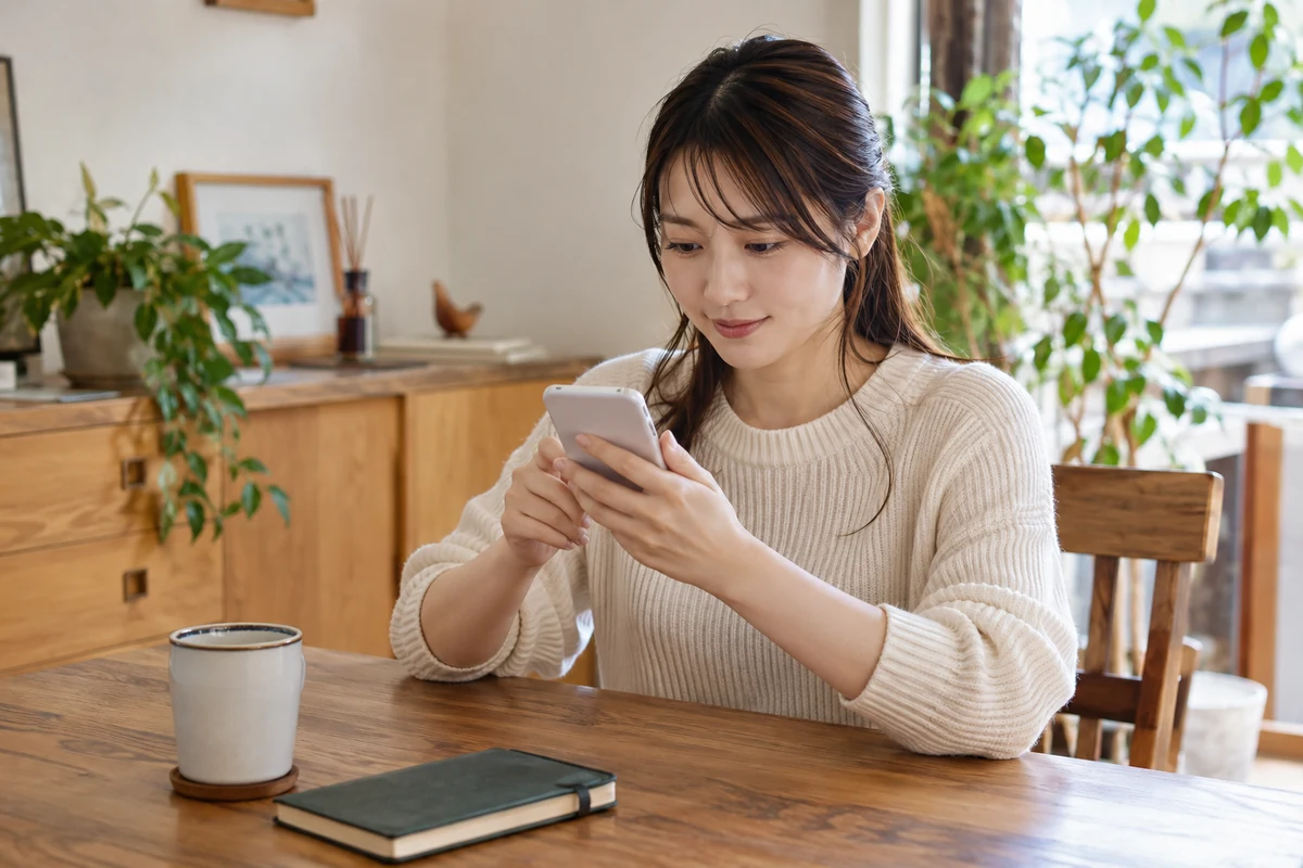スマートフォンで予約手順を確認する女性
