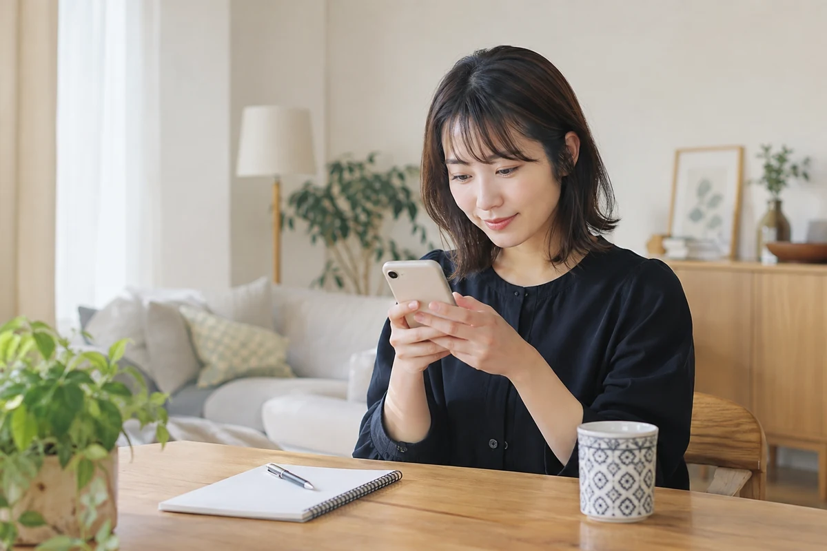スマートフォンで鑑定の流れを確認する女性
