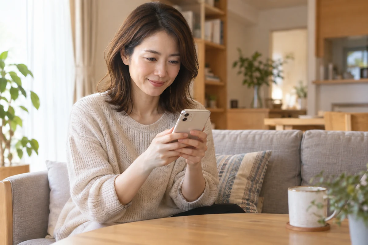 スマートフォンで予約手順を確認する女性