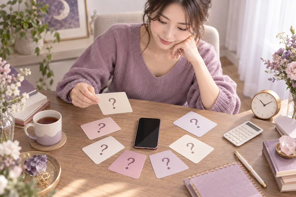 電話占いに関する疑問をカードで整理する女性
