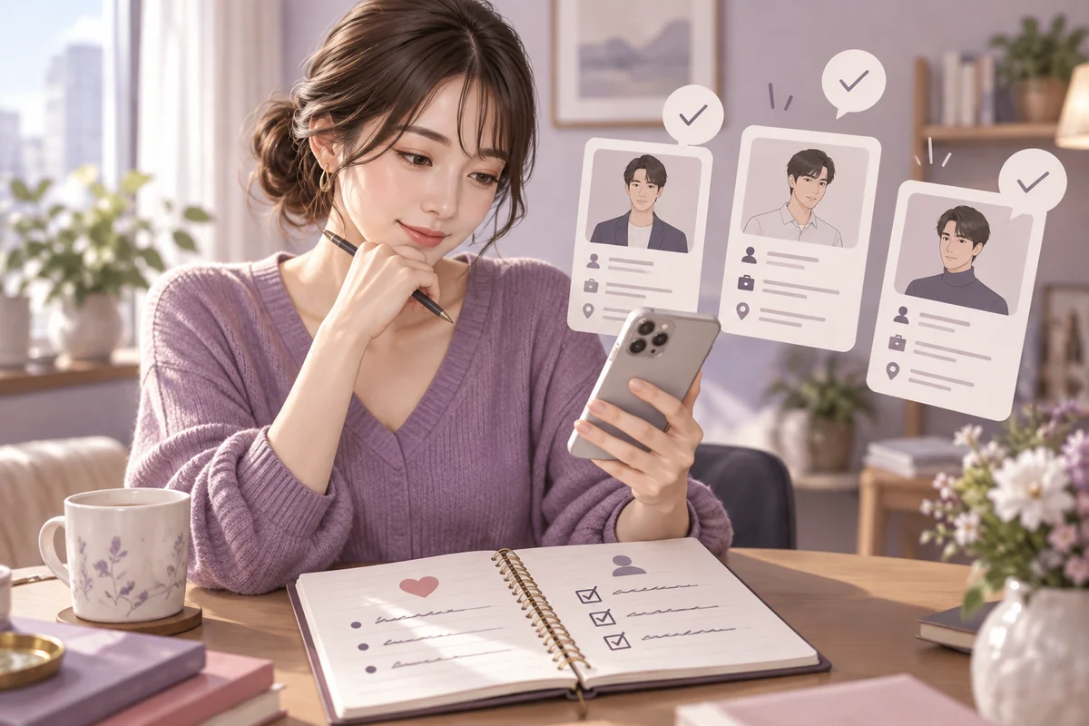 スマートフォンの口コミと自分のメモを見比べる女性