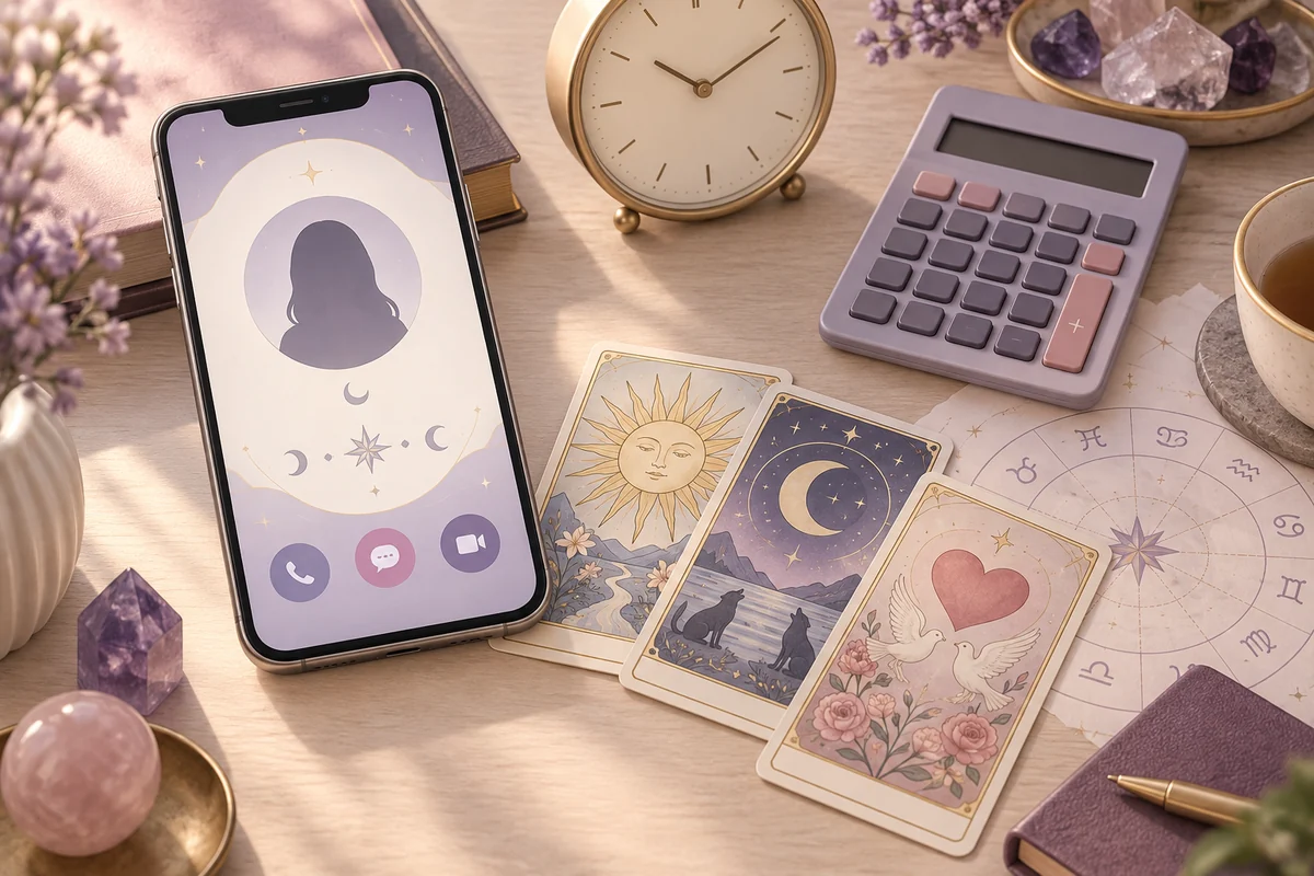 電話占いのプロフィールと料金を確認するスマートフォンと時計