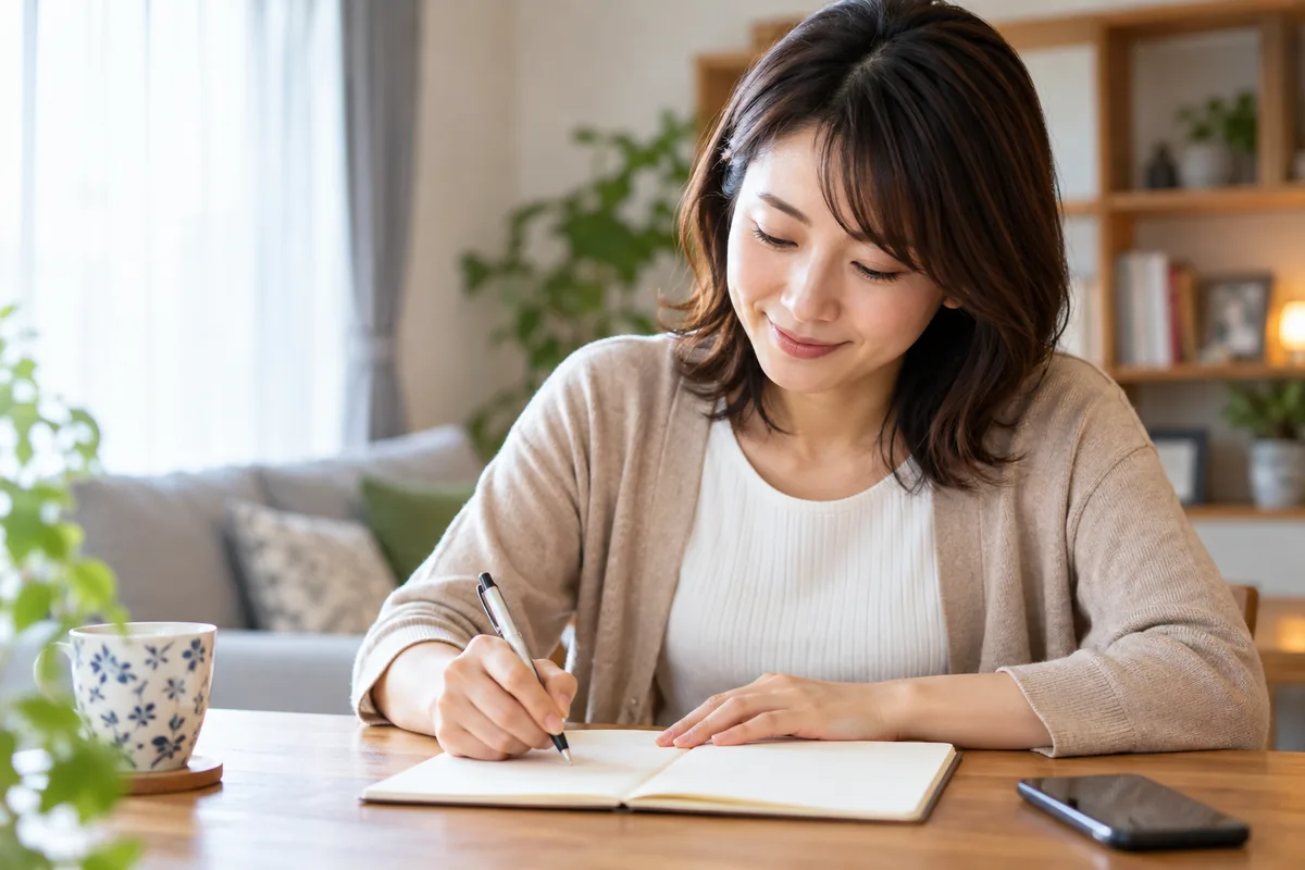 電話占いの確認事項と次の行動をノートに書く女性