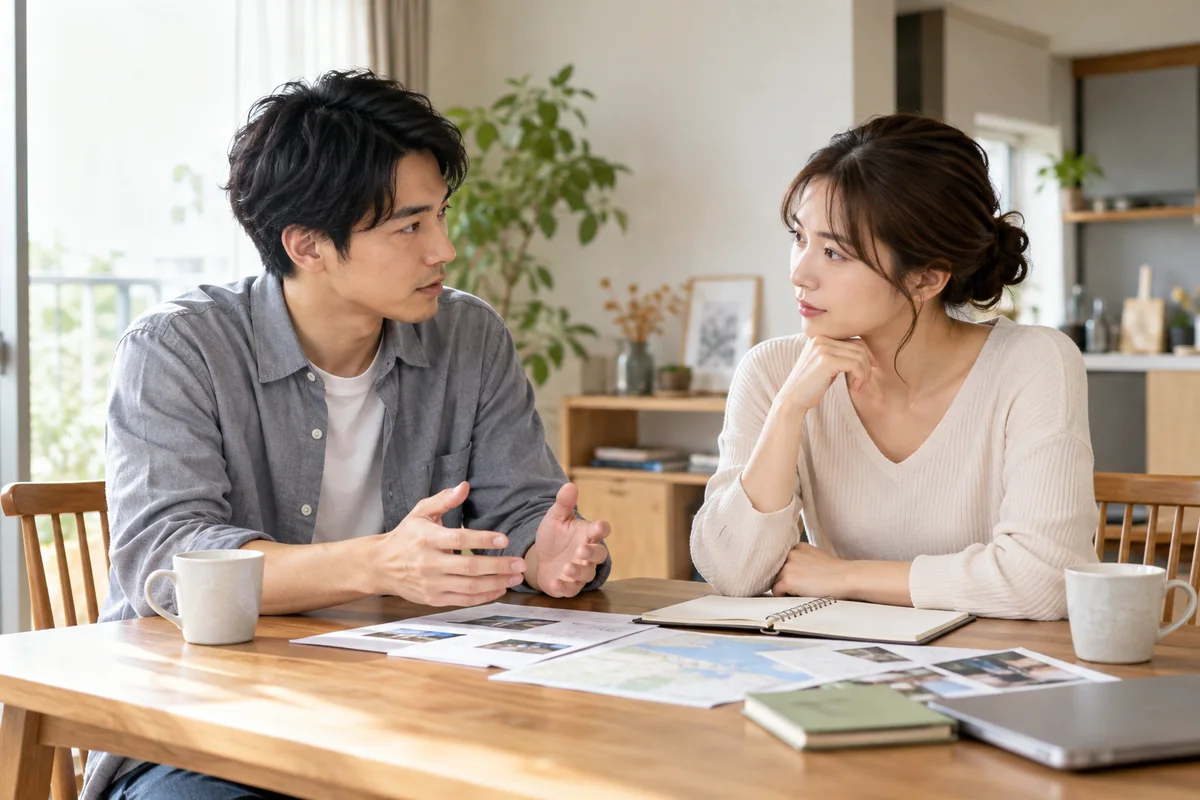予定変更について落ち着いて話し合う男女