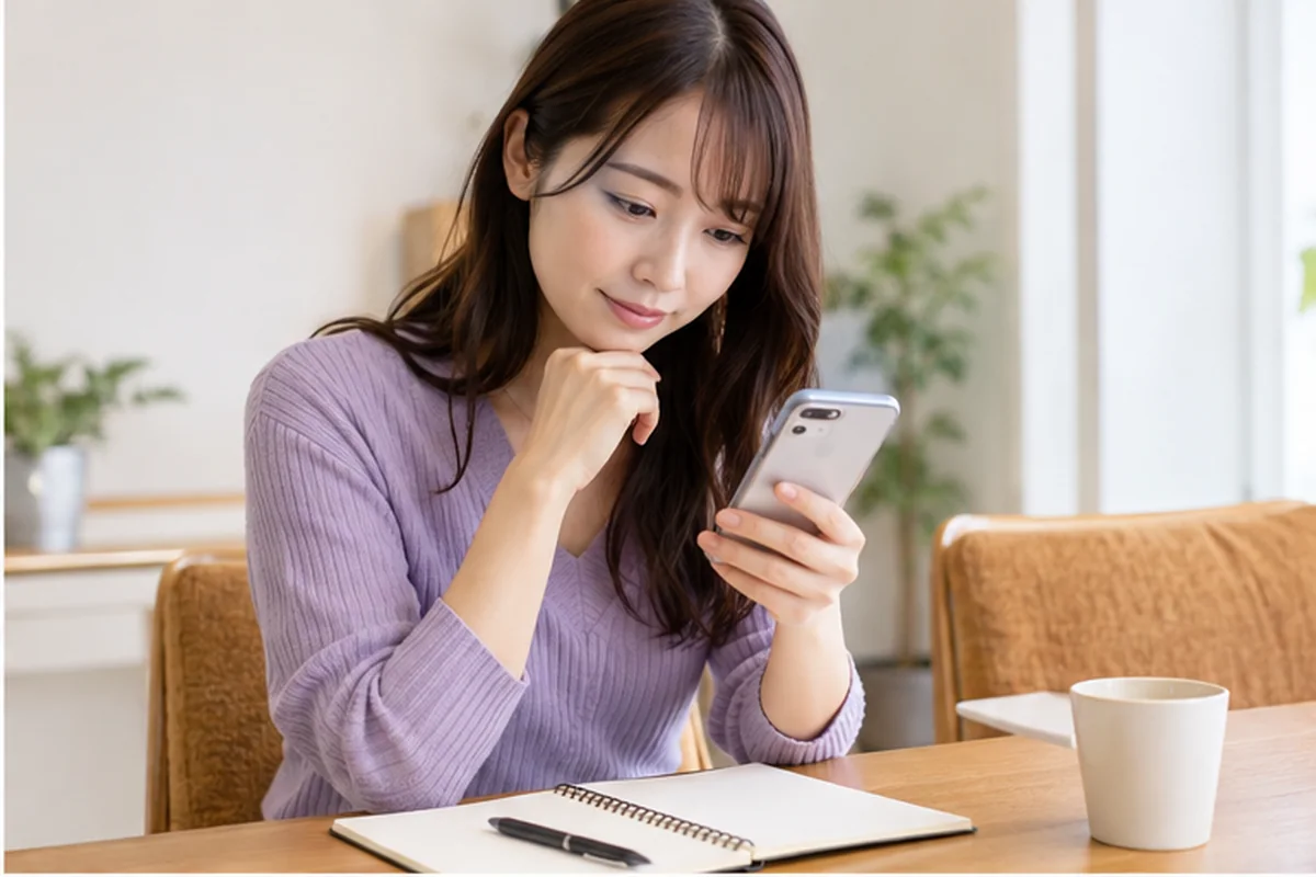 多摩センター周辺の占い候補をスマートフォンで調べる女性