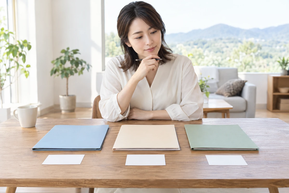 三つの探偵相談条件を同じ基準で比較する成人女性のイメージ