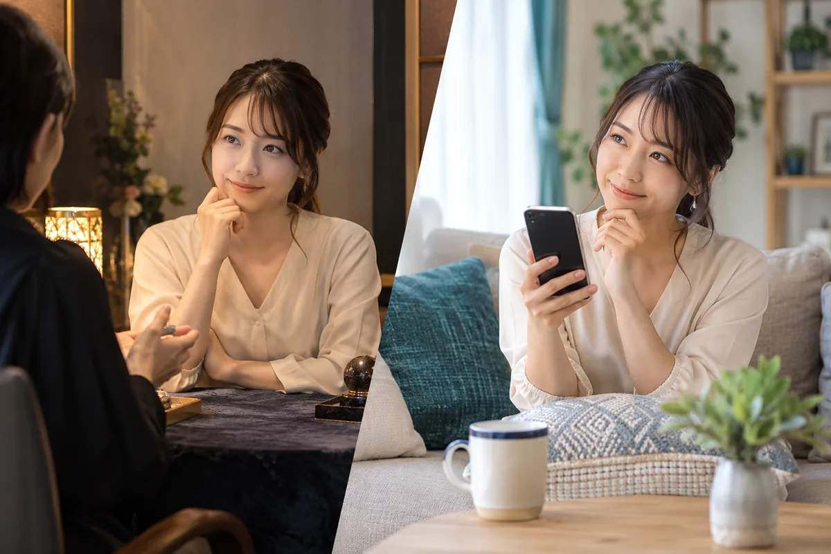対面鑑定と自宅からの電話相談を比較する女性