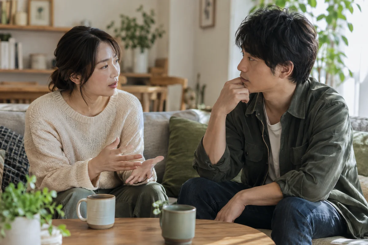 恋人の話を真剣に聞く男性