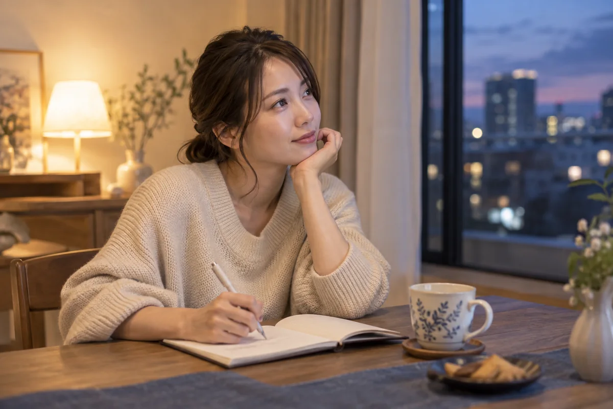 デート後の安心感や好奇心をノートで振り返る女性