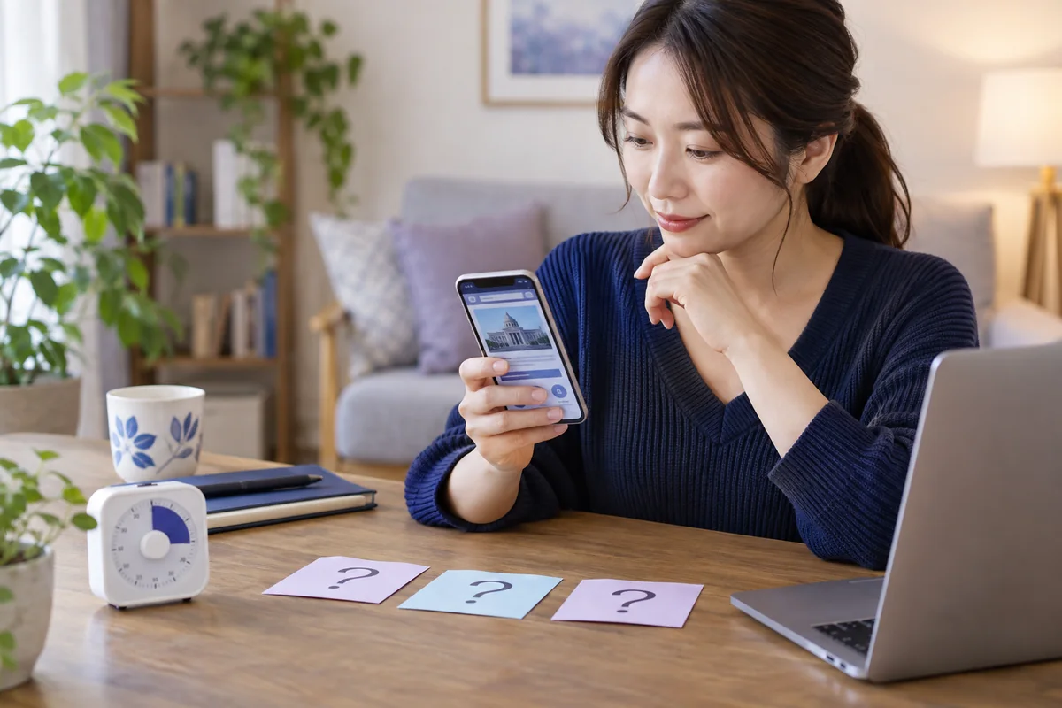 スマートフォンで公式情報を確認し相談メモを準備する女性