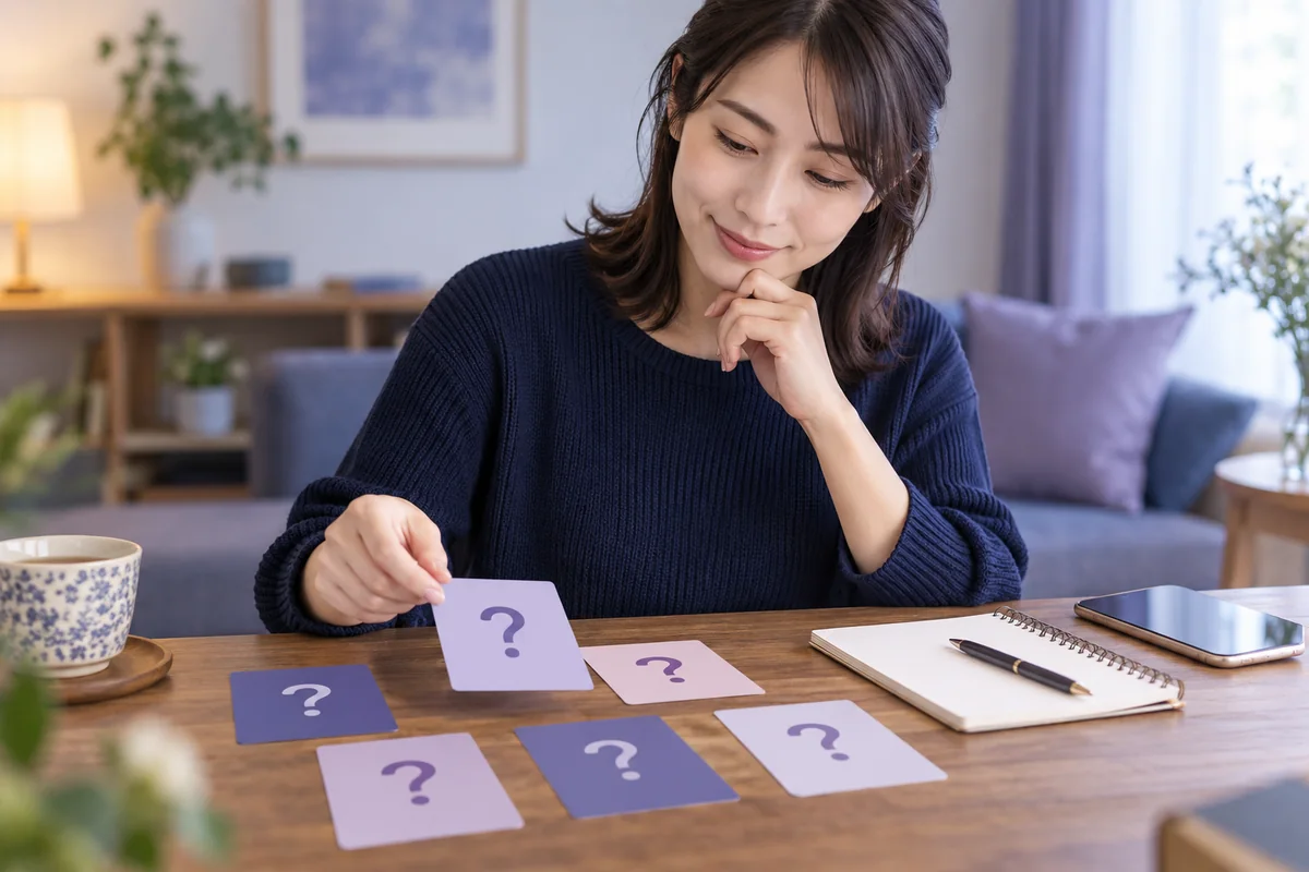 電話占いの疑問を質問カードで整理する場面